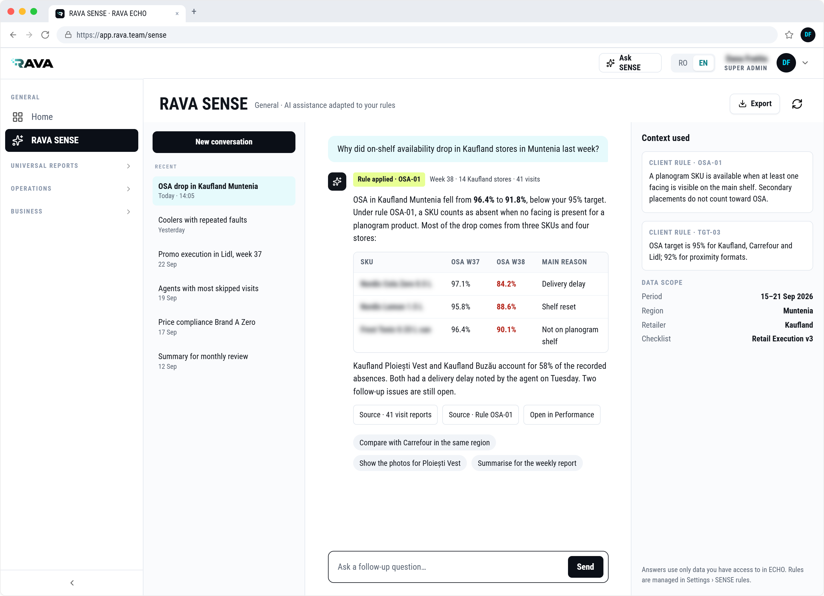 RAVA SENSE: client rule, question and answer